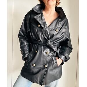 90s Leather Coat Size large Military Double Breasted Midi Fit Classic Vintage